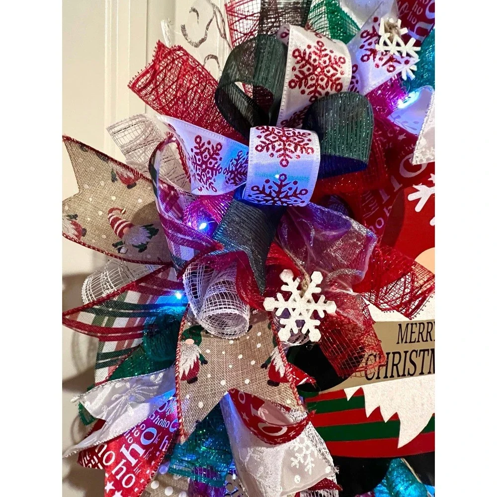 Christmas Snowflake Gnome Holiday Ribbon Door Wreath Handmade 22 ins LED W9